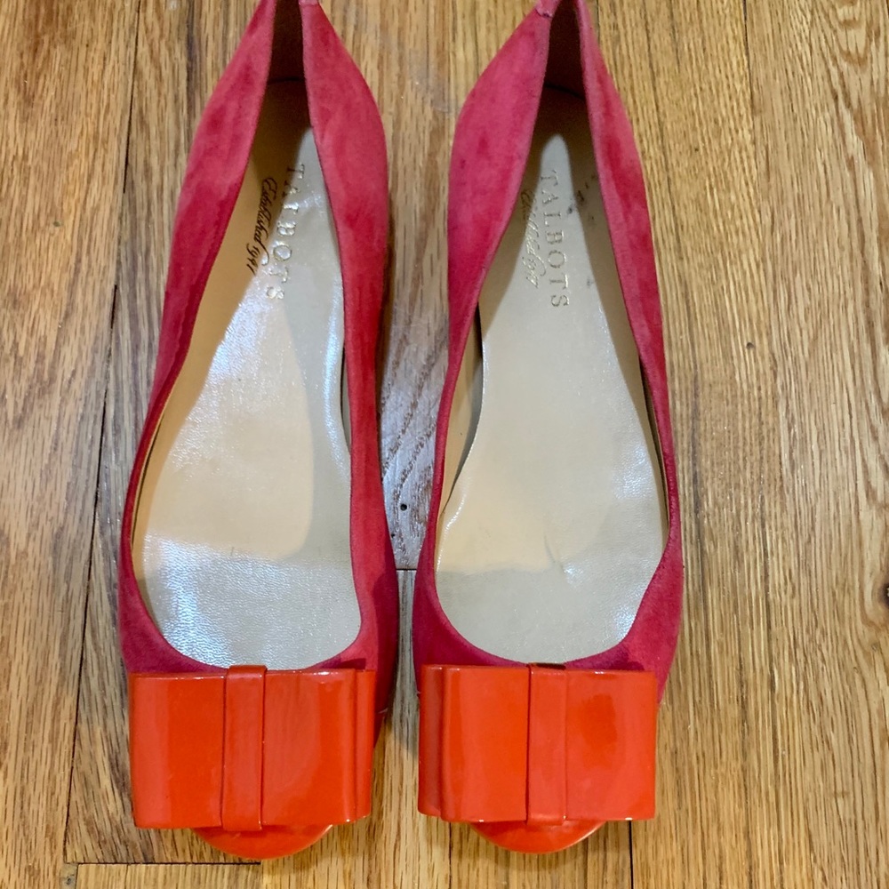 TALBOTS pink suede flats w/orange bow. Cute!!